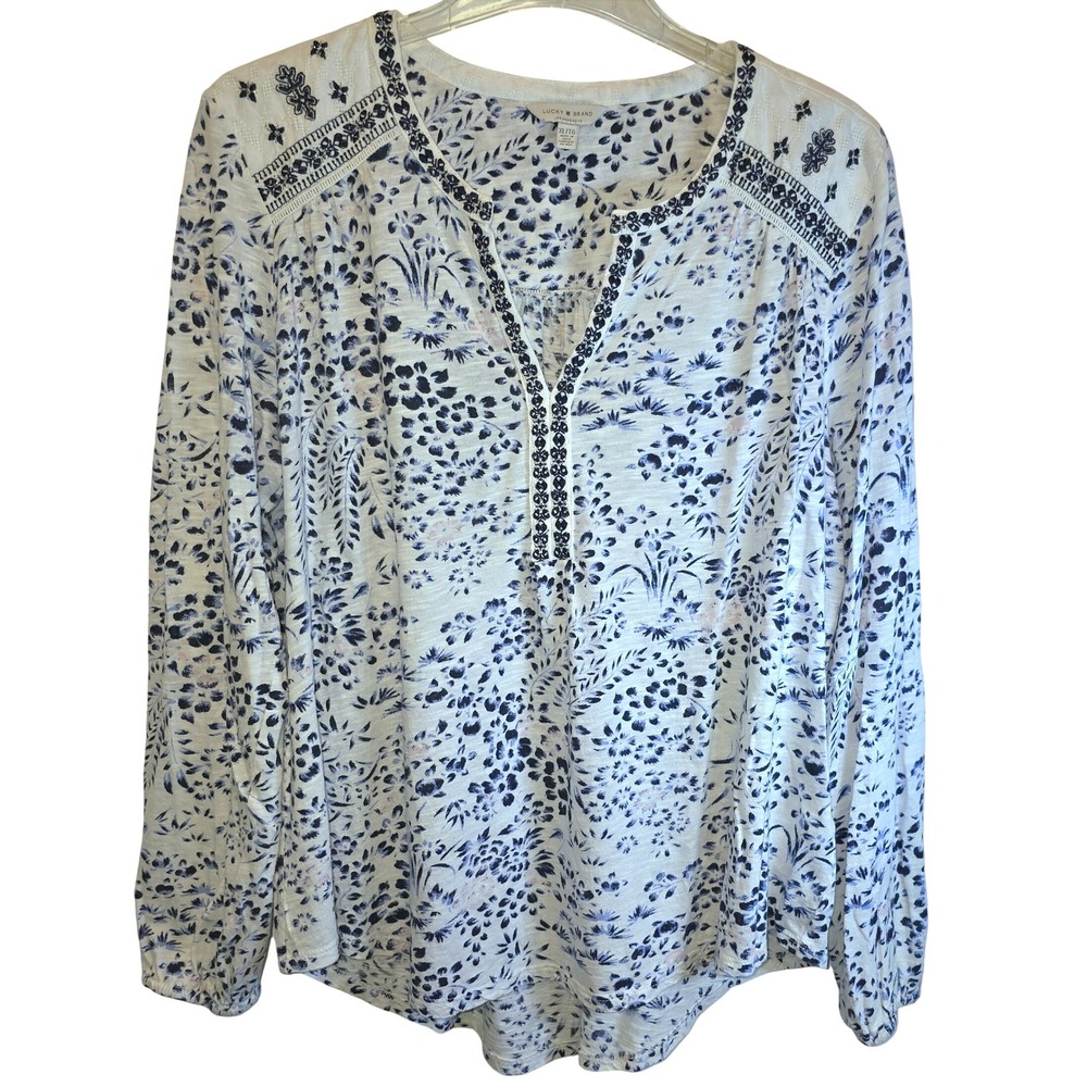 Lucky Brand Embroidered Blouse Long Sleeve Top Floral Womens XL White Blue